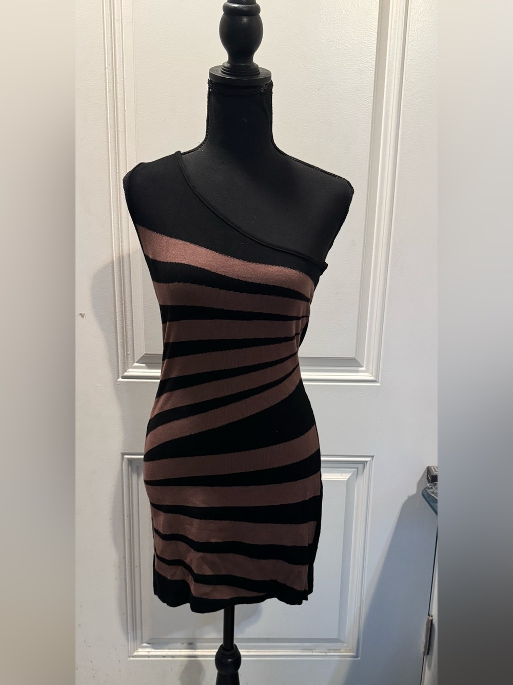 One-Shoulder Brown and Black Striped Women's Dress